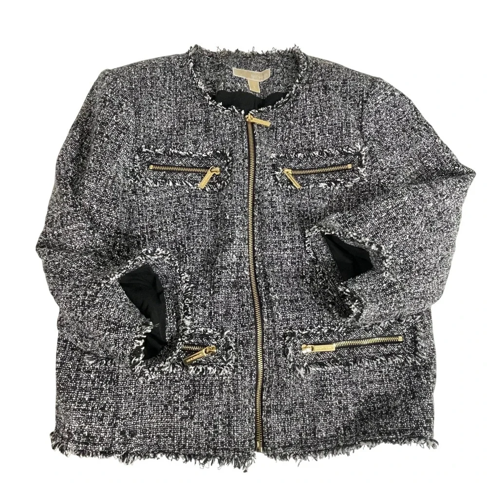 Michael Kors Black White Tweed Zip Front‎ Raw Hem Jacket 12
